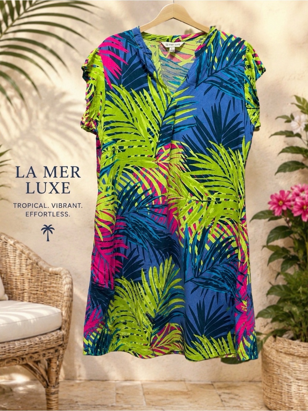 La Mer Luxe Tropical Palm-Print Mini Dress — Blue & Lime size large